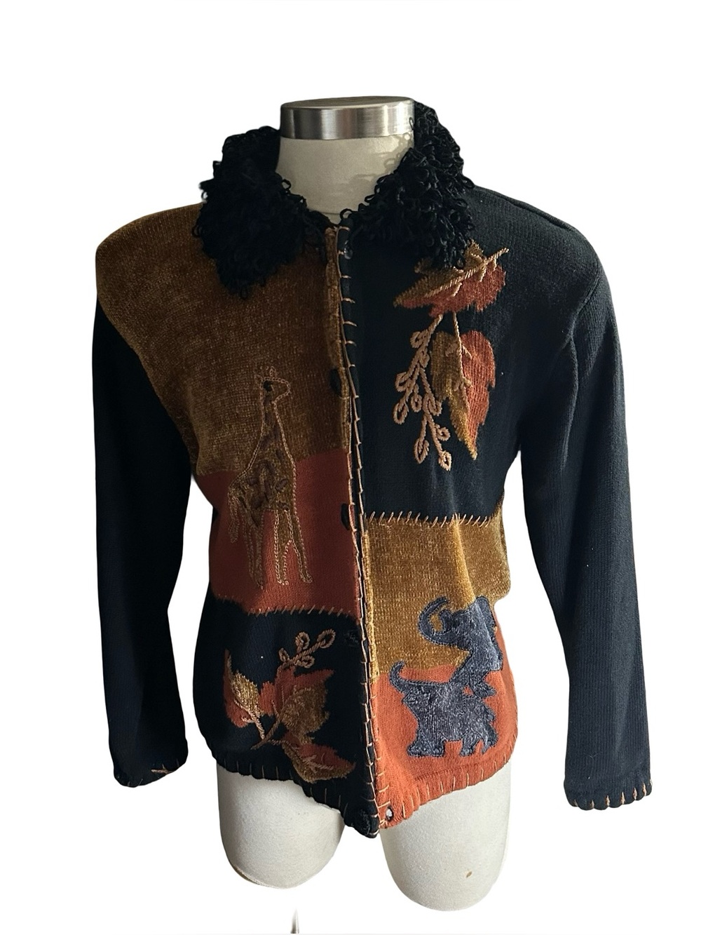 Vtg Lisa International Ramie Cotton Patchwork Sweater Jacket Shacket Collar Sz L
